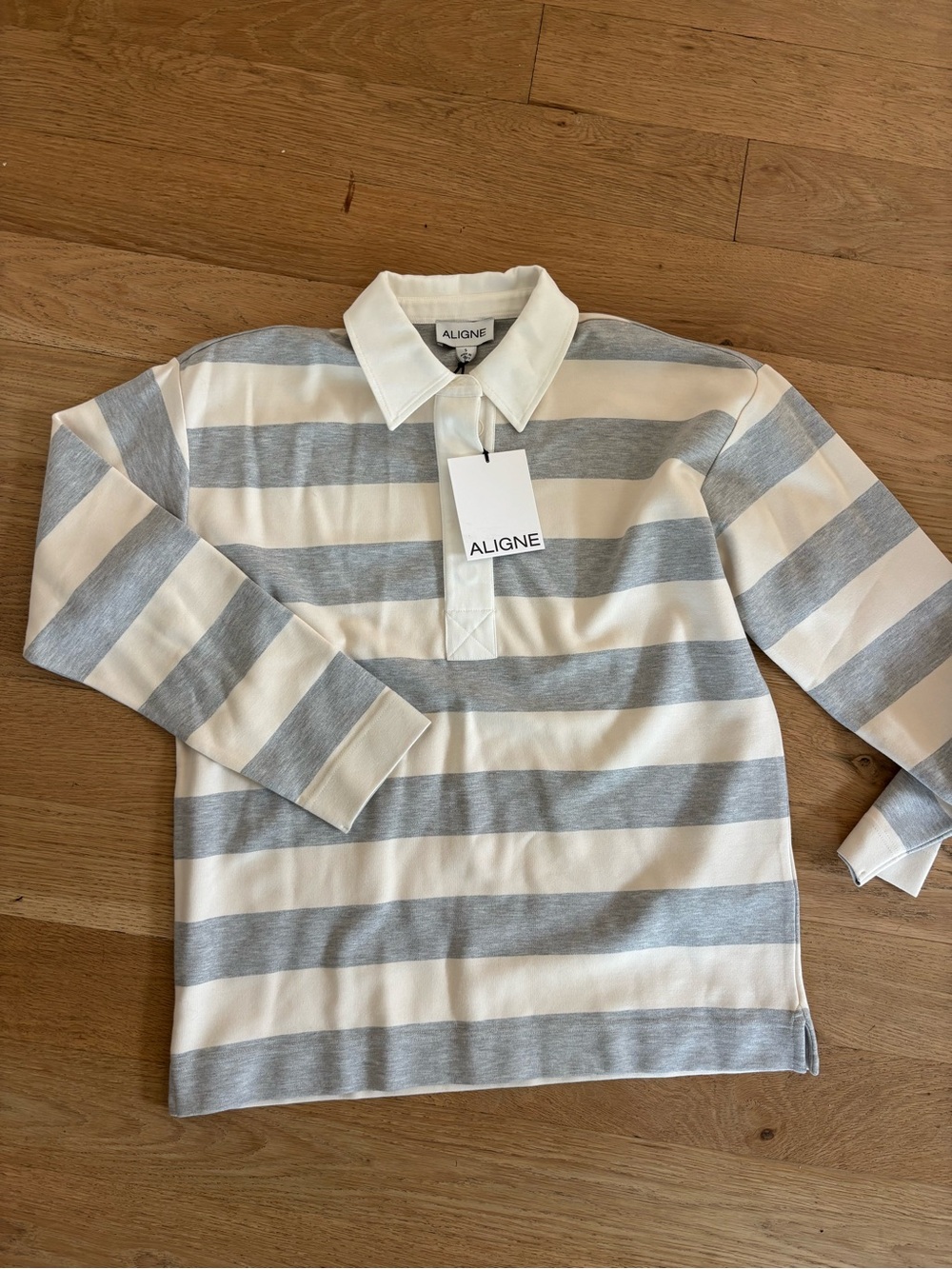 Aligne Cream & Gray Striped Rugby Polo Top - Long Sleeve, NWT, Size S - Picture 7 of 8